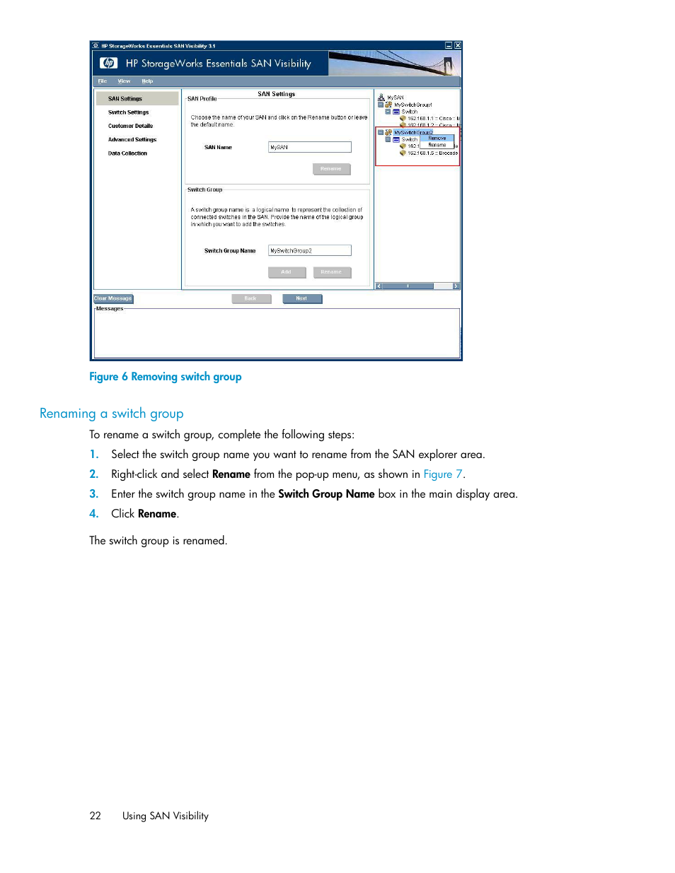 Renaming a switch group, Removing switch group | HP SAN User Manual | Page 22 / 45