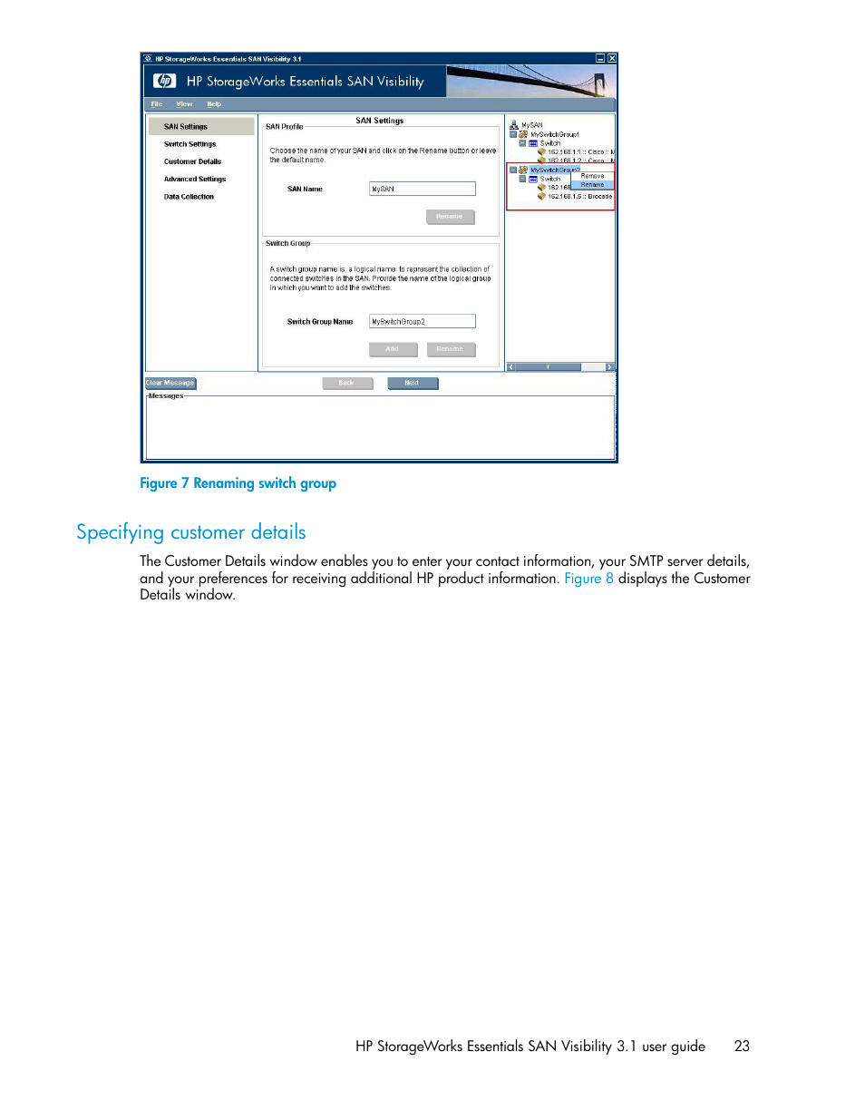 Specifying customer details, Renaming switch group | HP SAN User Manual | Page 23 / 45