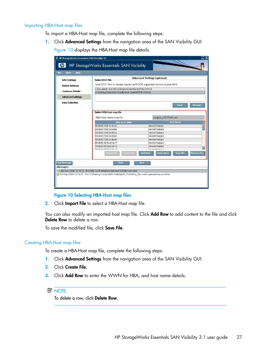 Importing hba-host map files, Creating hba-host map files, Selecting hba-host map files | HP SAN User Manual | Page 27 / 45