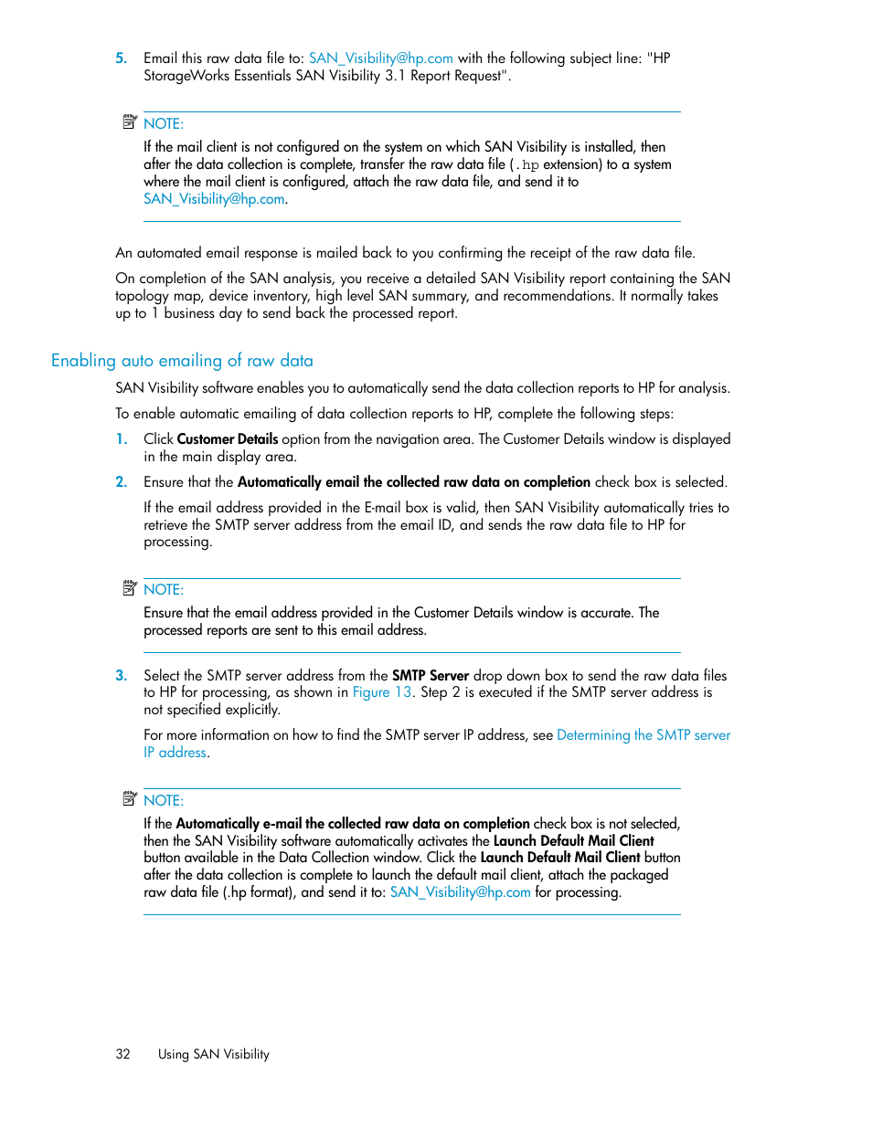 Enabling auto emailing of raw data | HP SAN User Manual | Page 32 / 45