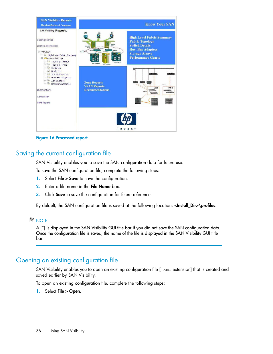 Saving the current configuration file, Opening an existing configuration file, 36 opening an existing configuration file | Processed report | HP SAN User Manual | Page 36 / 45