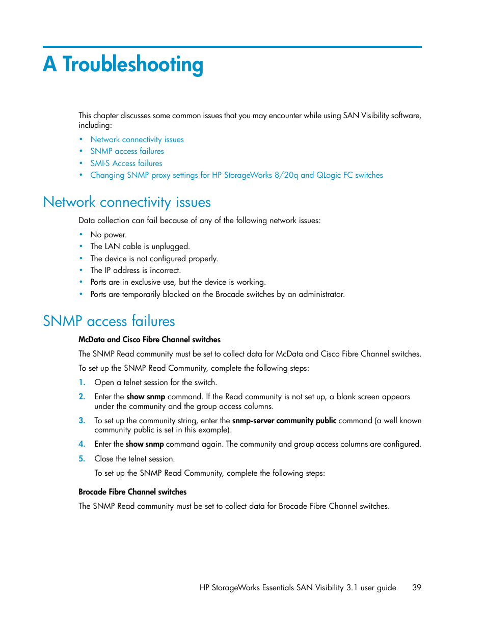 A troubleshooting, Network connectivity issues, Snmp access failures | 39 snmp access failures | HP SAN User Manual | Page 39 / 45