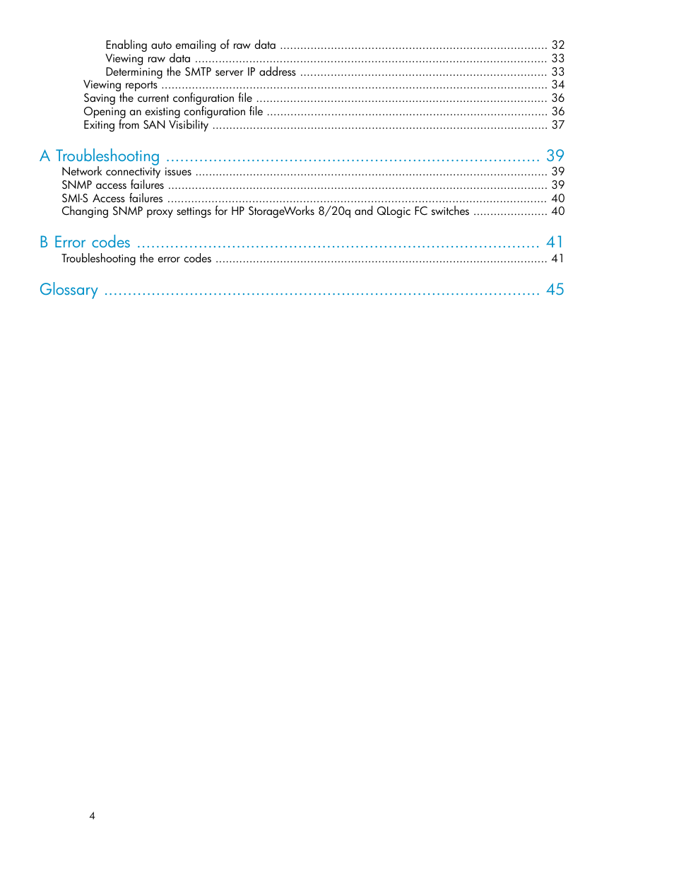 A troubleshooting, B error codes, Glossary | HP SAN User Manual | Page 4 / 45