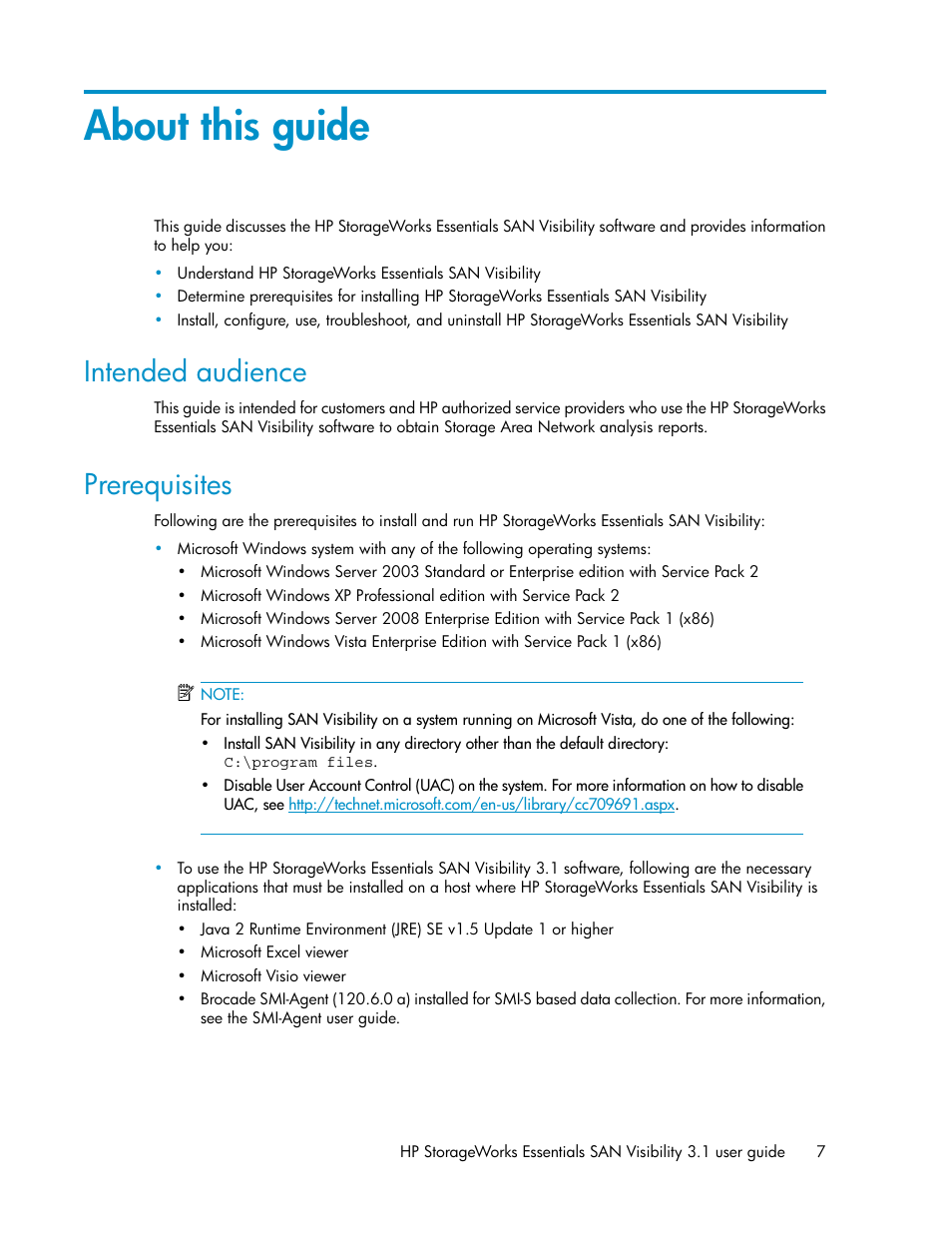 About this guide, Intended audience, Prerequisites | 7 prerequisites | HP SAN User Manual | Page 7 / 45