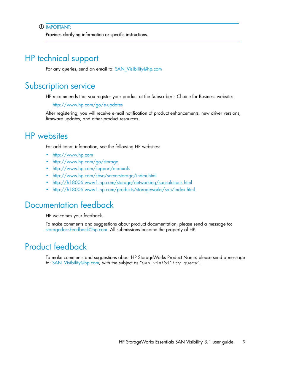 Hp technical support, Subscription service, Hp websites | Documentation feedback, Product feedback, 9 subscription service, 9 hp websites, 9 documentation feedback, 9 product feedback | HP SAN User Manual | Page 9 / 45