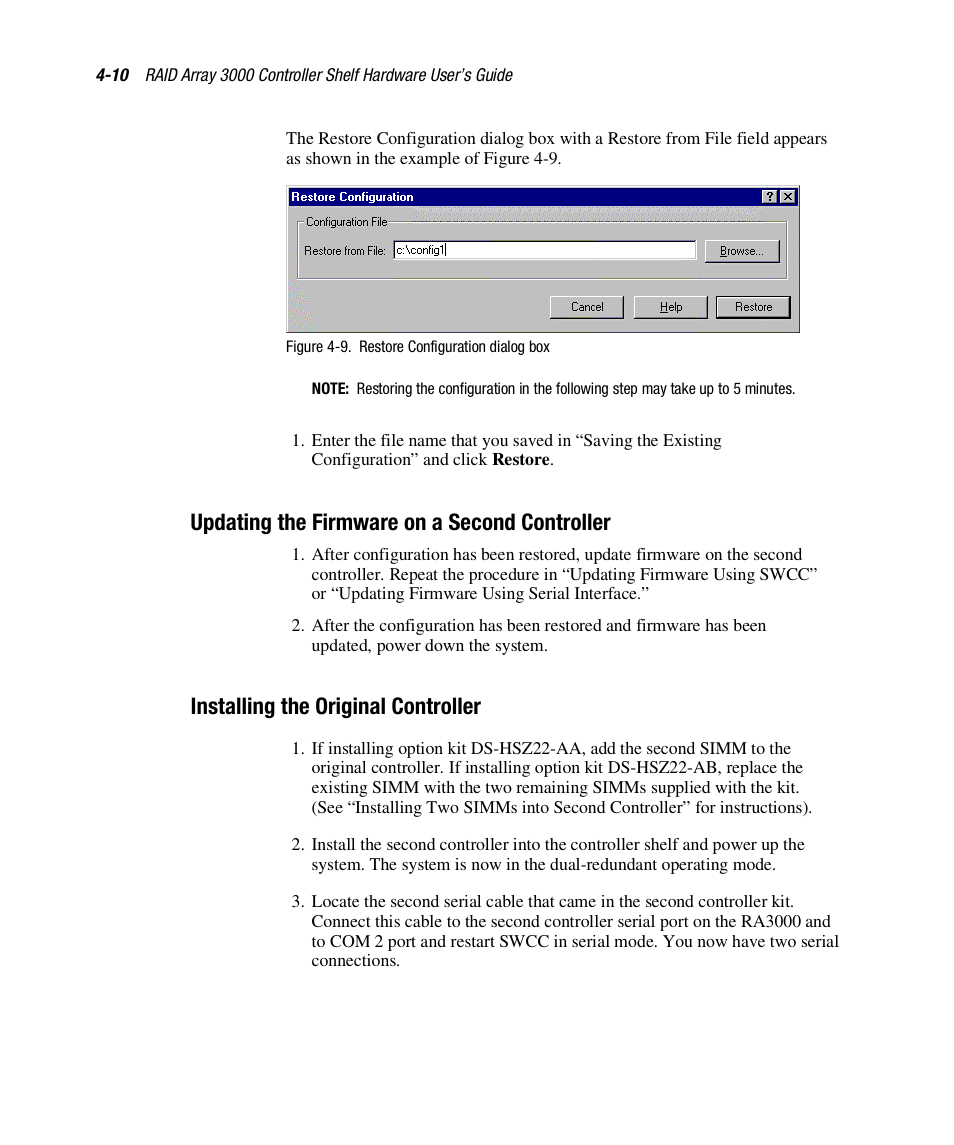 Updating the firmware on a second controller, Installing the original controller | HP StorageWorks 3000 RAID Array User Manual | Page 108 / 112