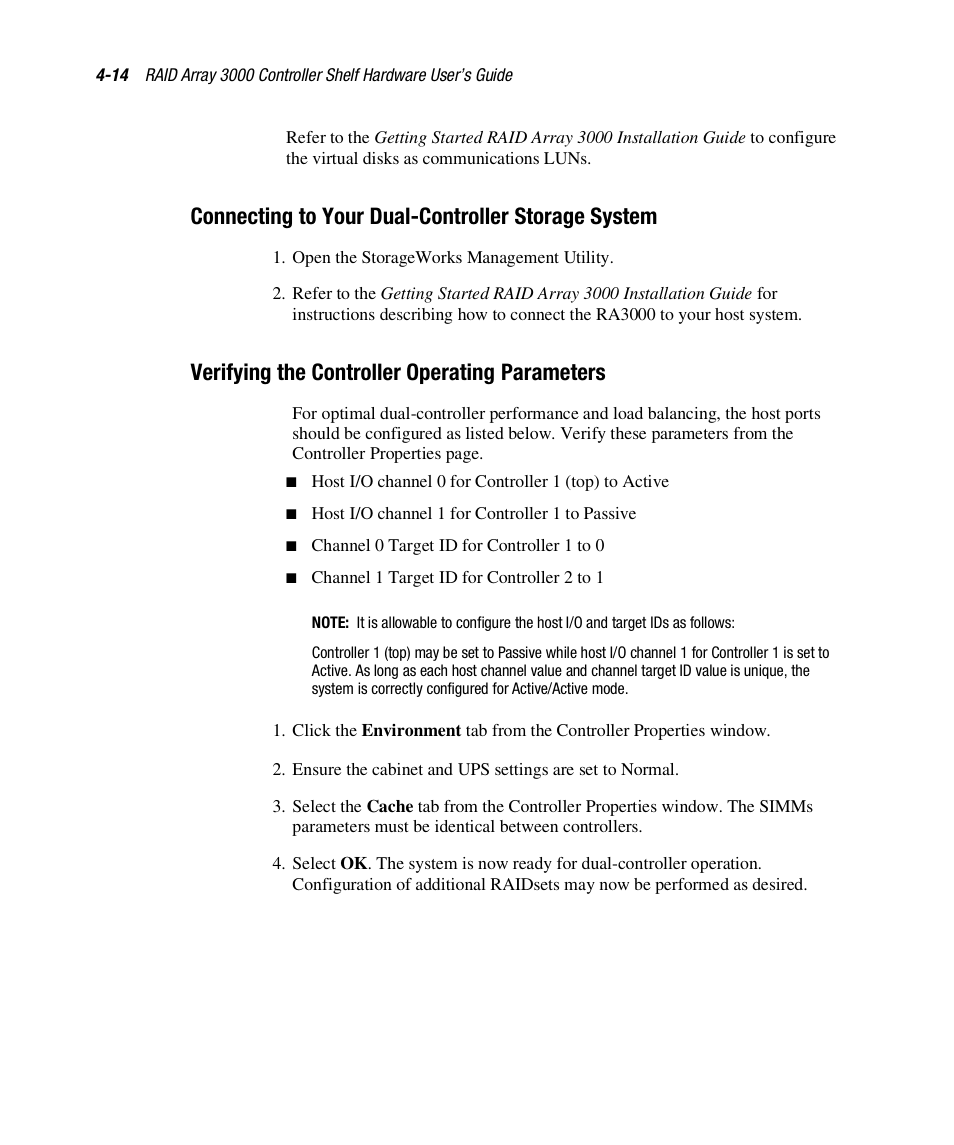 Connecting to your dual-controller storage system, Verifying the controller operating parameters | HP StorageWorks 3000 RAID Array User Manual | Page 112 / 112