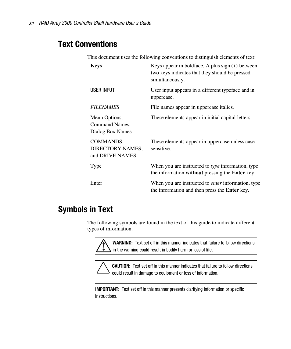 Text conventions, Symbols in text | HP StorageWorks 3000 RAID Array User Manual | Page 12 / 112
