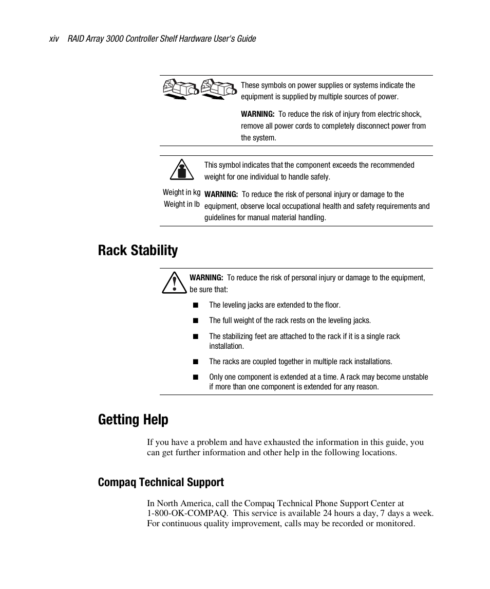 Rack stability, Getting help, Compaq technical support | HP StorageWorks 3000 RAID Array User Manual | Page 14 / 112