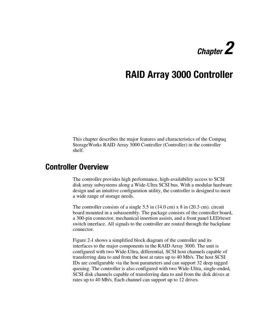 Raid array 3000 controller, Chapter, Controller overview | HP StorageWorks 3000 RAID Array User Manual | Page 43 / 112