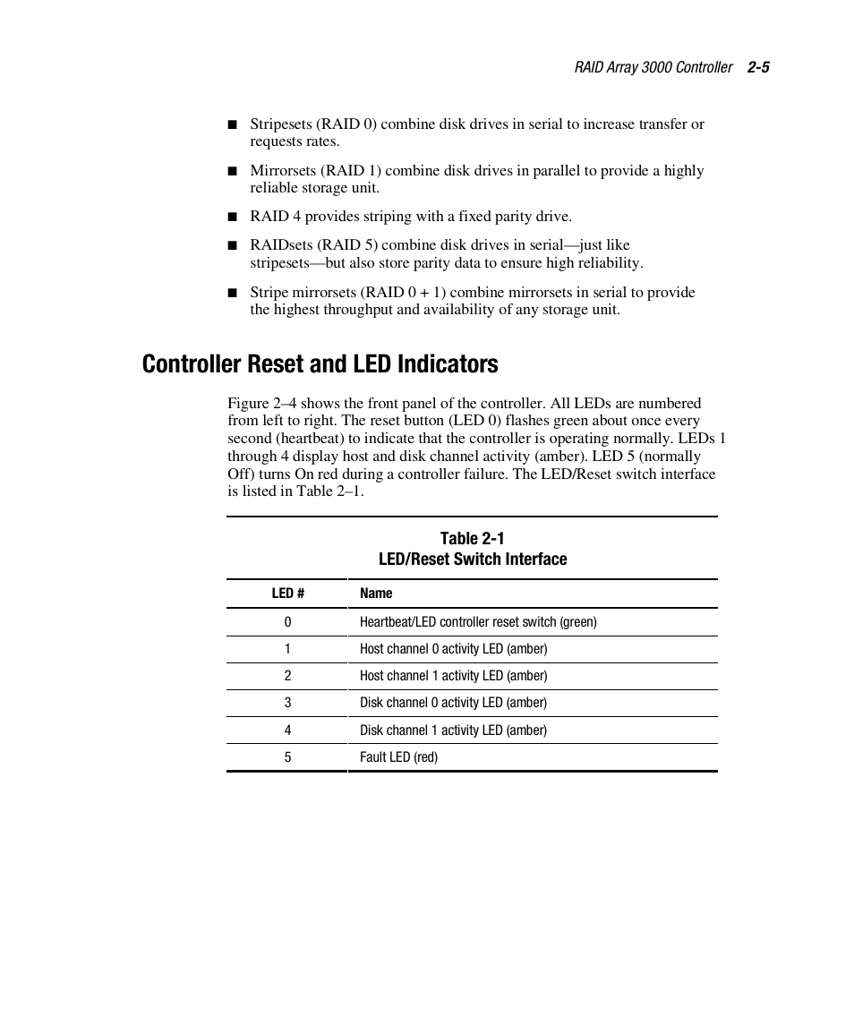 Controller reset and led indicators | HP StorageWorks 3000 RAID Array User Manual | Page 47 / 112