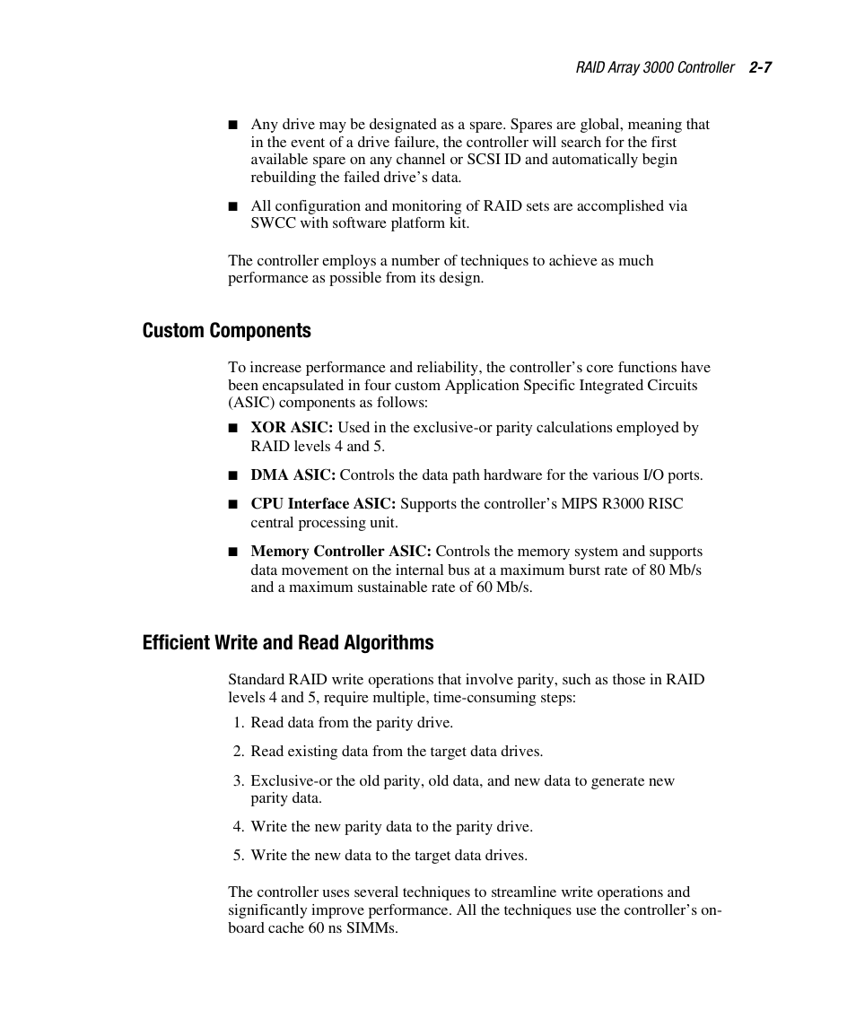 Custom components, Efficient write and read algorithms | HP StorageWorks 3000 RAID Array User Manual | Page 49 / 112