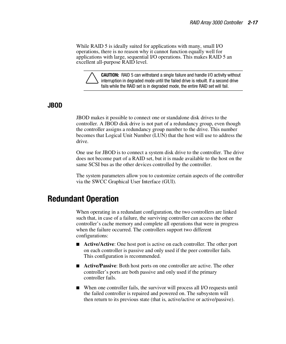 Redundant operation, Jbod | HP StorageWorks 3000 RAID Array User Manual | Page 59 / 112