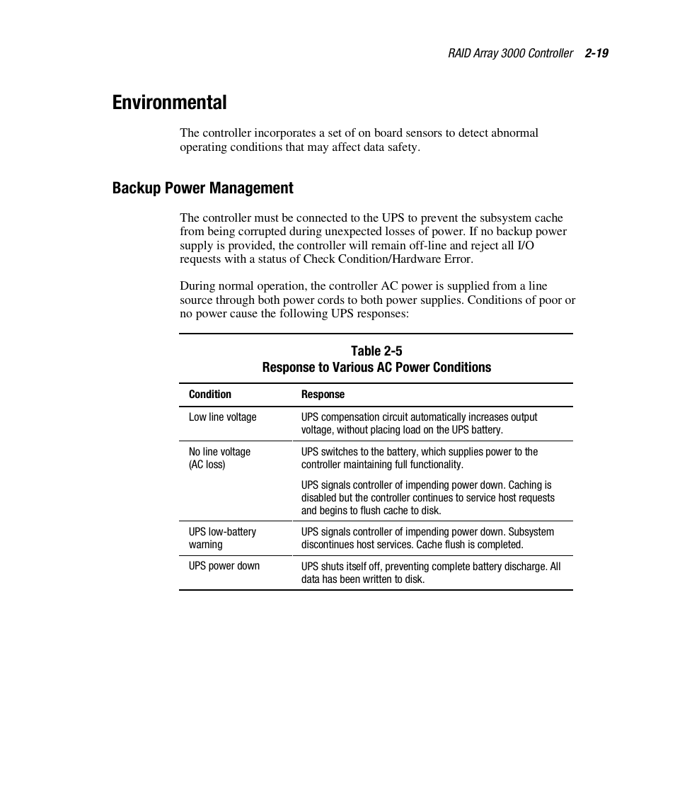 Environmental, Backup power management | HP StorageWorks 3000 RAID Array User Manual | Page 61 / 112