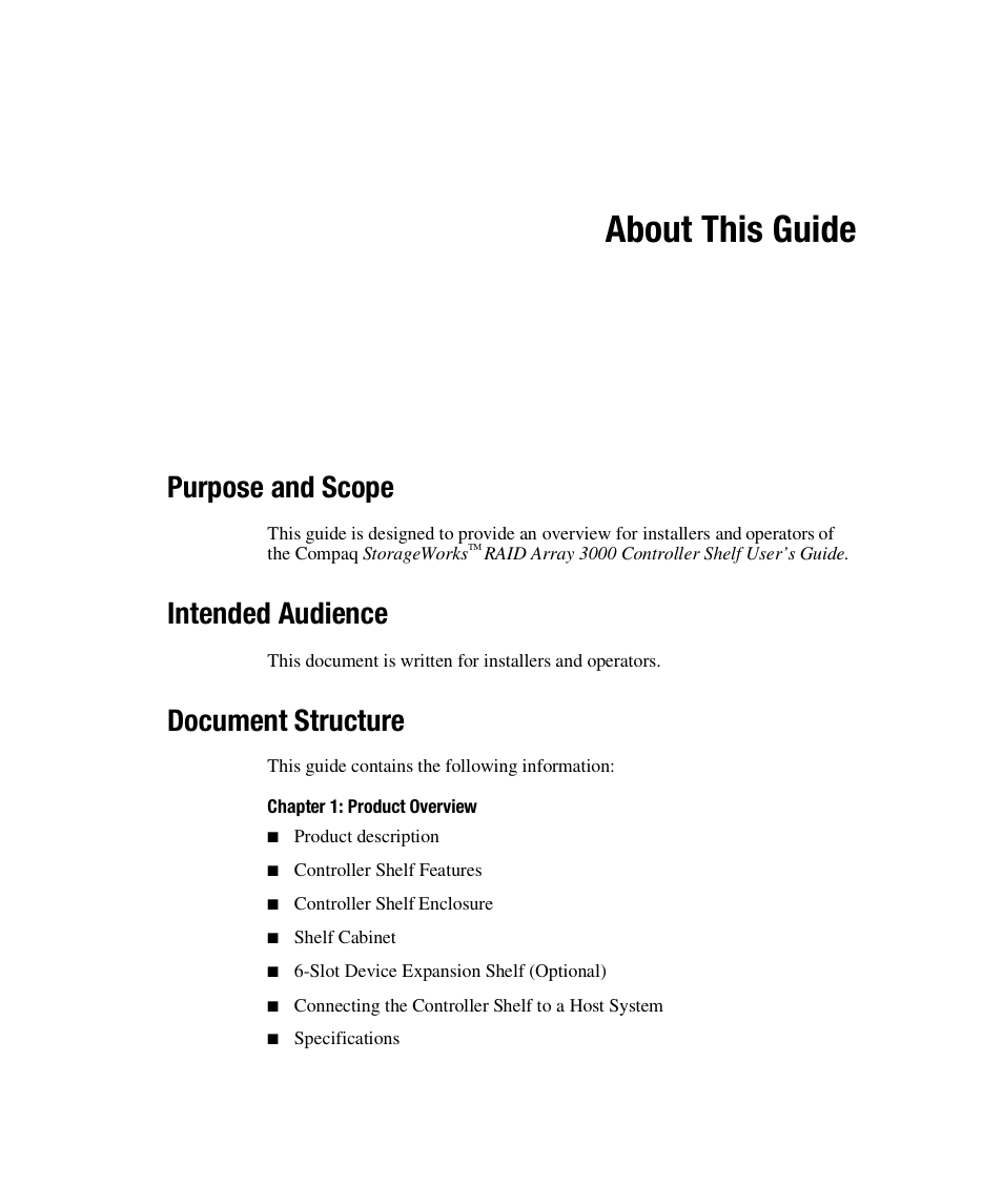 About this guide, Purpose and scope, Intended audience | Document structure | HP StorageWorks 3000 RAID Array User Manual | Page 9 / 112