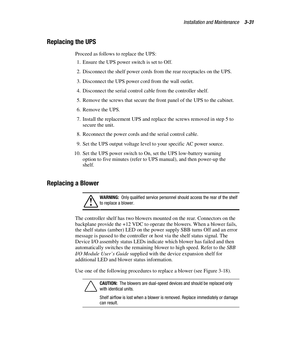 Replacing the ups, Replacing a blower | HP StorageWorks 3000 RAID Array User Manual | Page 93 / 112