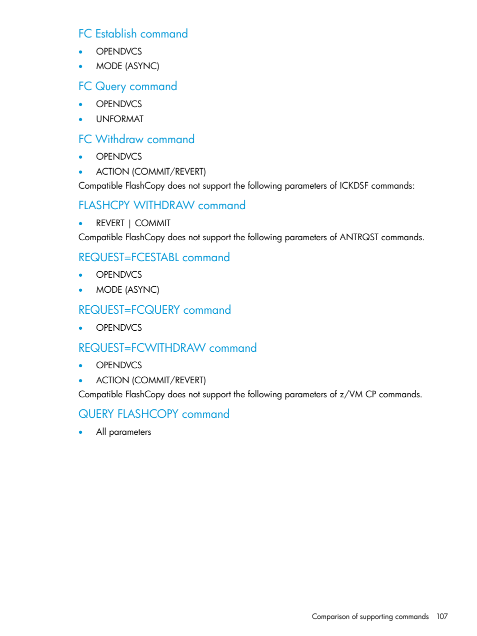 Fc establish command, Fc query command, Fc withdraw command | Flashcpy withdraw command, Request=fcestabl command, Request=fcquery command, Request=fcwithdraw command, Query flashcopy command | HP XP7 Storage User Manual | Page 107 / 123