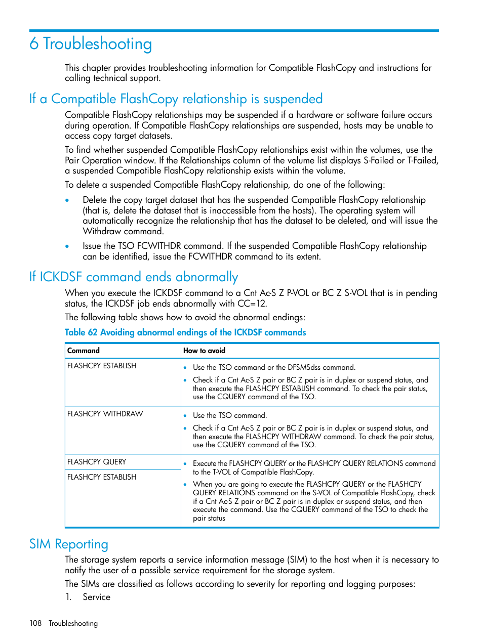 6 troubleshooting, If ickdsf command ends abnormally, Sim reporting | HP XP7 Storage User Manual | Page 108 / 123