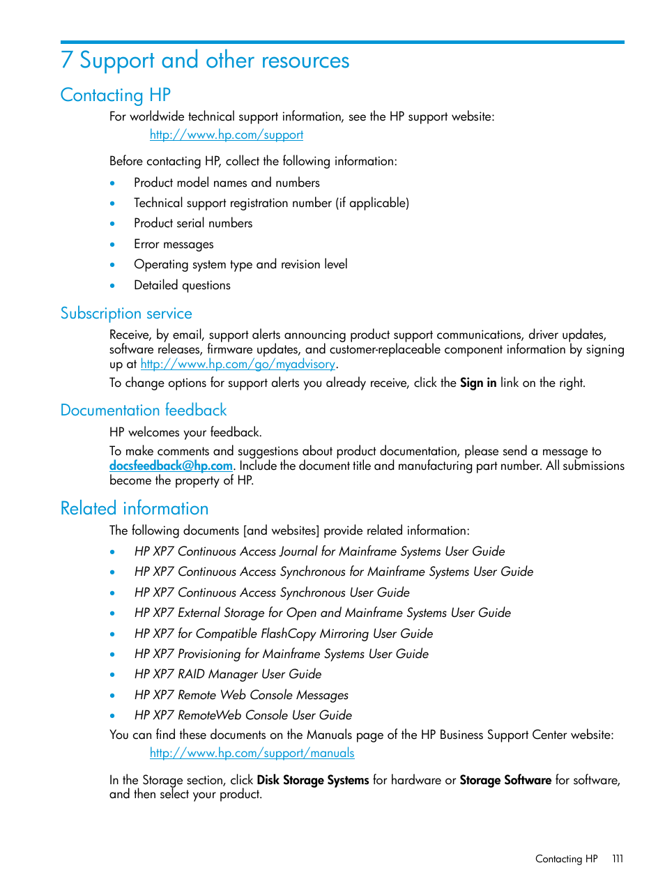 7 support and other resources, Contacting hp, Subscription service | Documentation feedback, Related information, Subscription service documentation feedback | HP XP7 Storage User Manual | Page 111 / 123