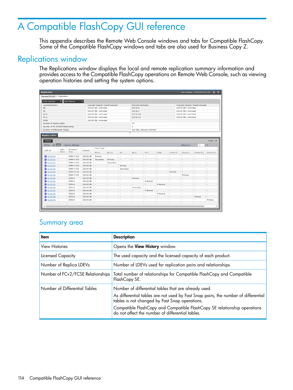 A compatible flashcopy gui reference, Replications window, Summary area | HP XP7 Storage User Manual | Page 114 / 123