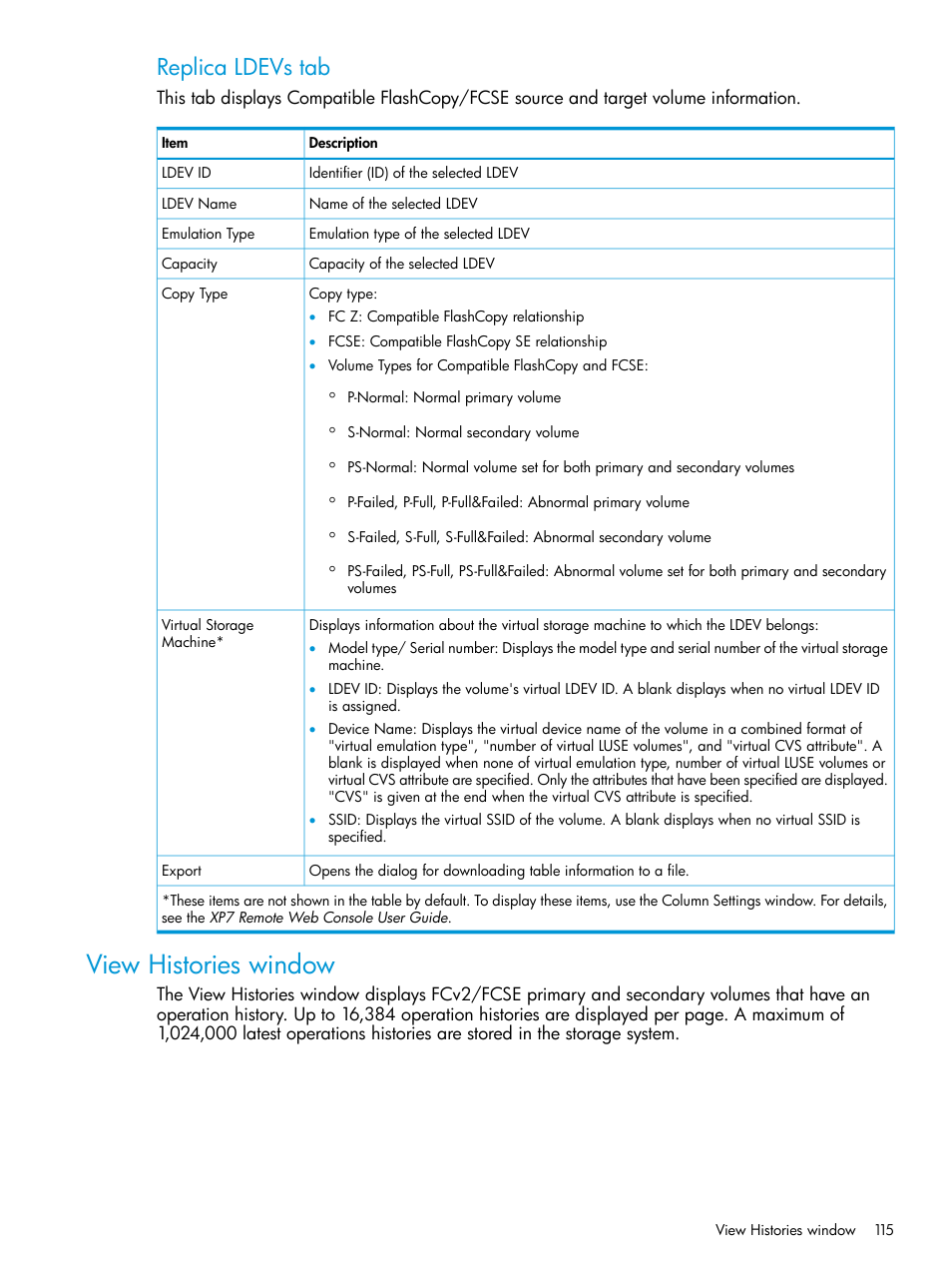 View histories window, Replica ldevs tab | HP XP7 Storage User Manual | Page 115 / 123