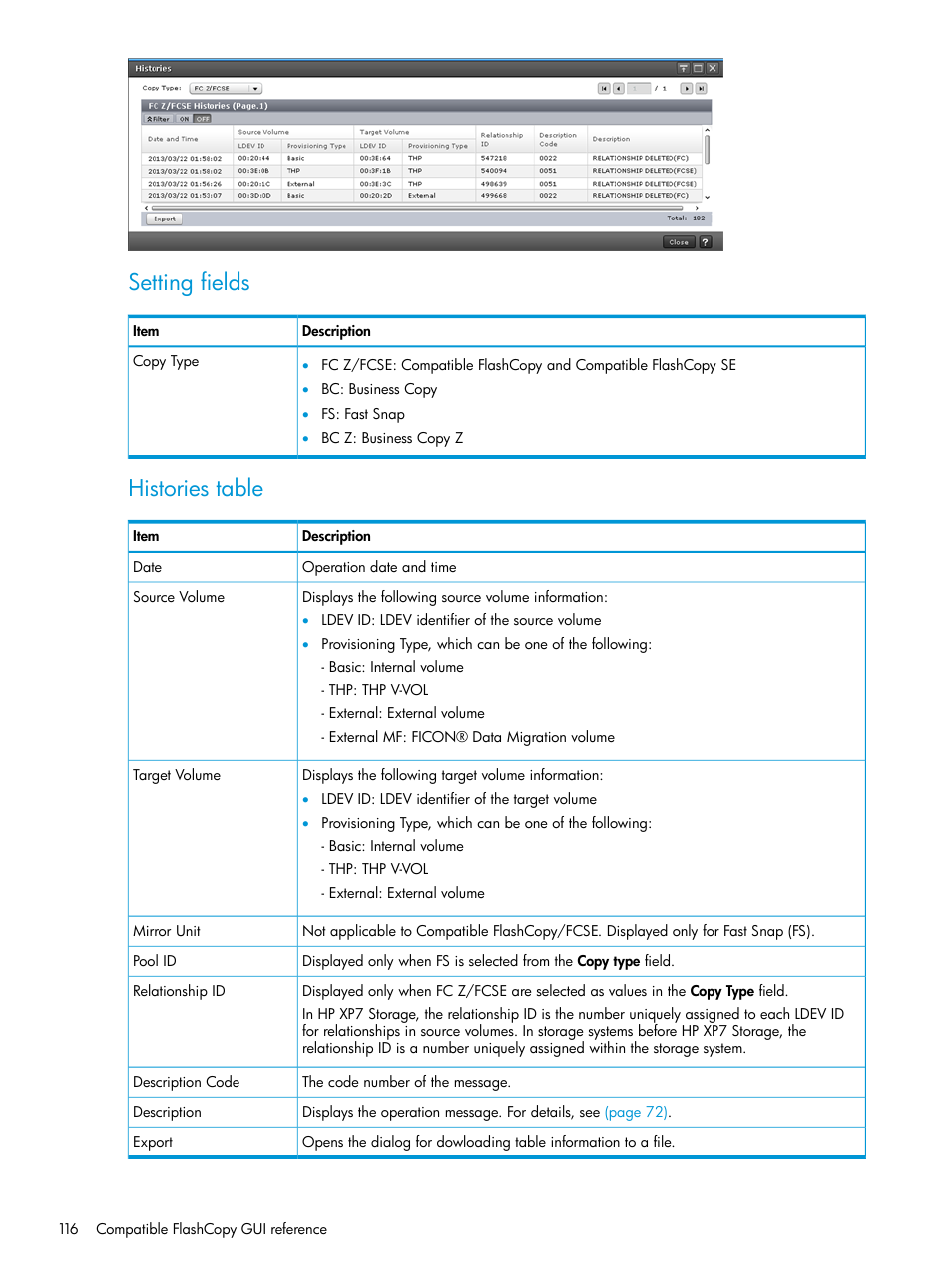 Setting fields, Histories table | HP XP7 Storage User Manual | Page 116 / 123