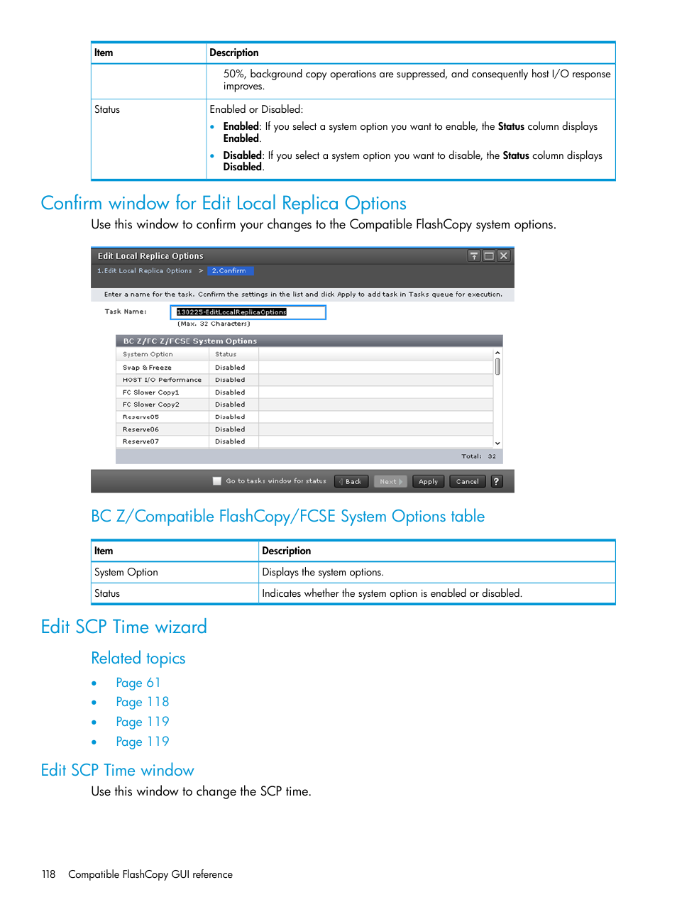 Confirm window for edit local replica options, Edit scp time wizard, Edit scp time window | Related topics | HP XP7 Storage User Manual | Page 118 / 123