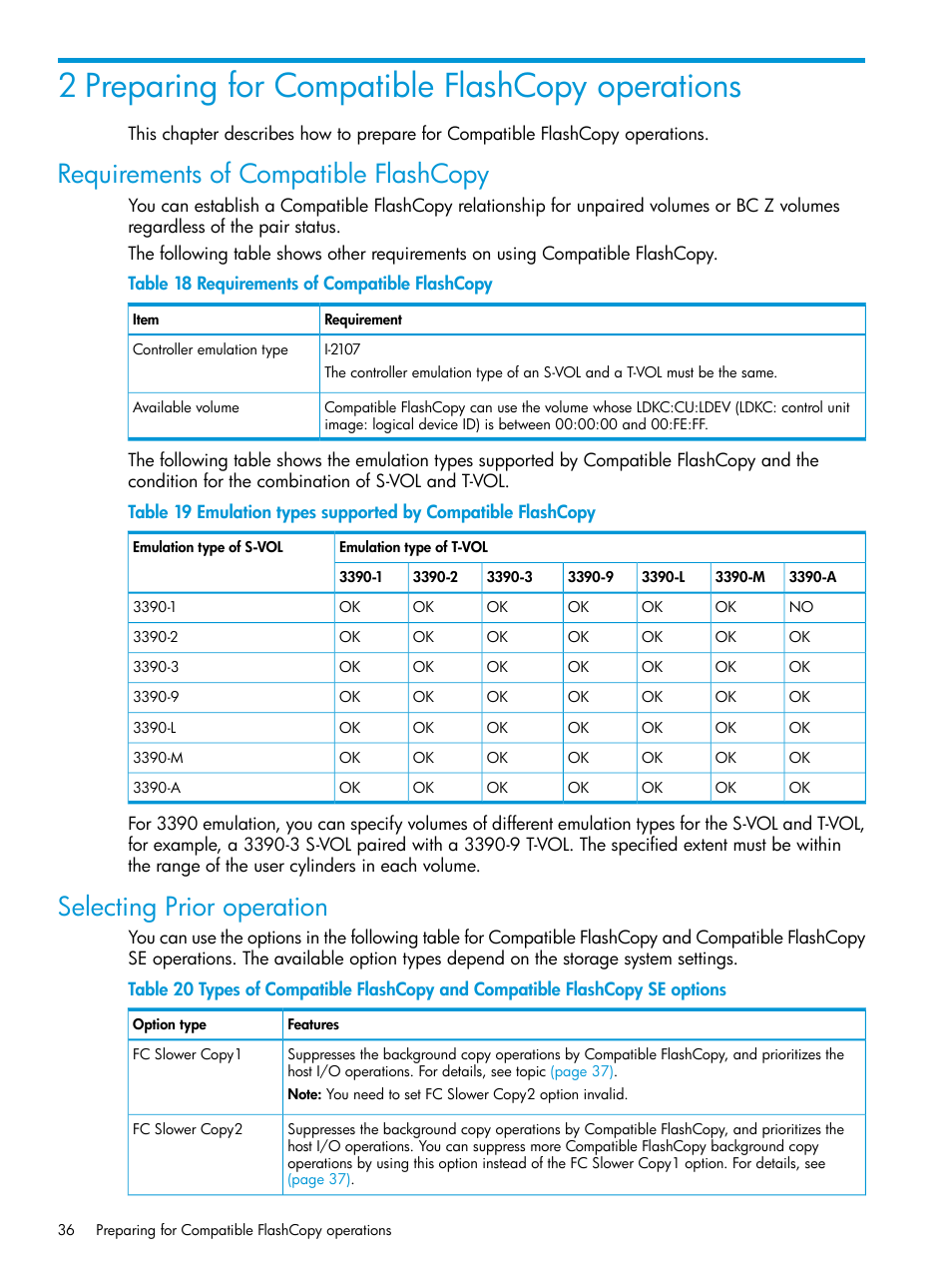 2 preparing for compatible flashcopy operations, Requirements of compatible flashcopy, Selecting prior operation | HP XP7 Storage User Manual | Page 36 / 123