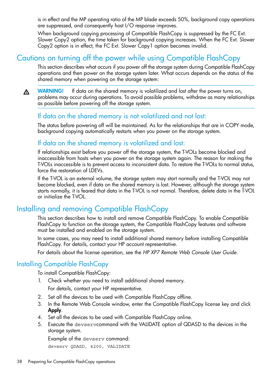 Installing and removing compatible flashcopy, Installing compatible flashcopy | HP XP7 Storage User Manual | Page 38 / 123