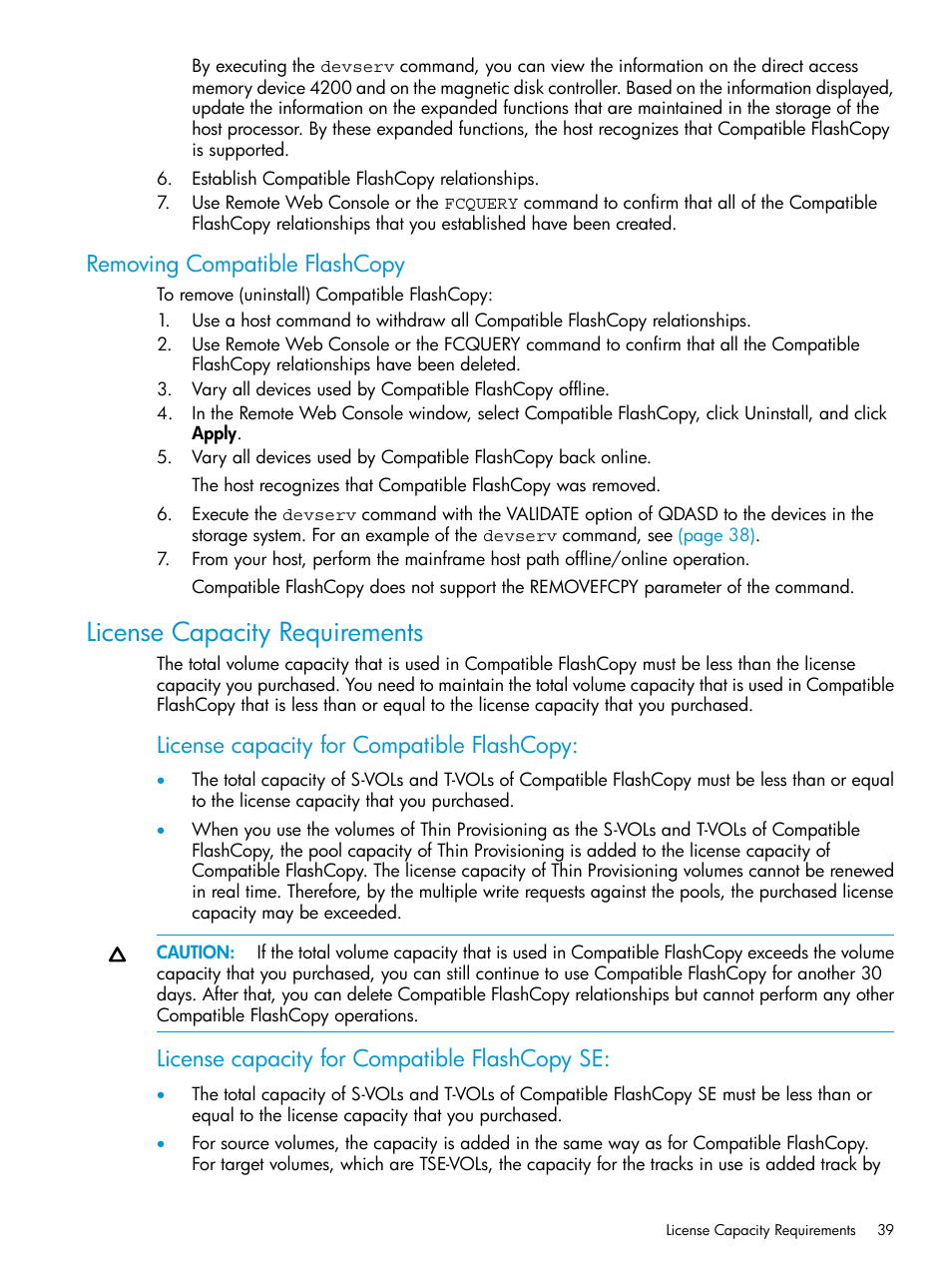 Removing compatible flashcopy, License capacity requirements, License capacity for compatible flashcopy | License capacity for compatible flashcopy se | HP XP7 Storage User Manual | Page 39 / 123