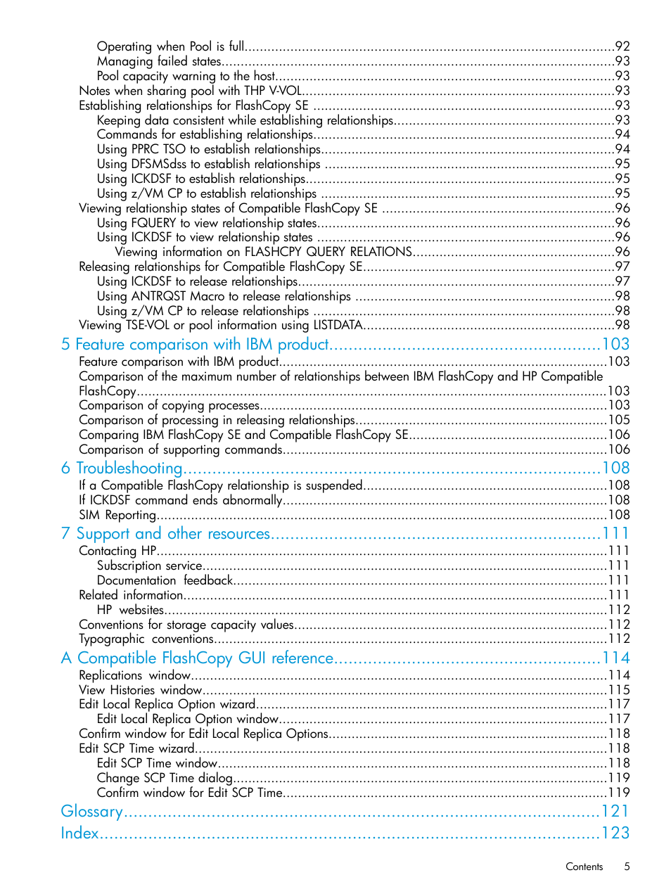 5 feature comparison with ibm product, 6 troubleshooting, 7 support and other resources | A compatible flashcopy gui reference, Glossary index | HP XP7 Storage User Manual | Page 5 / 123