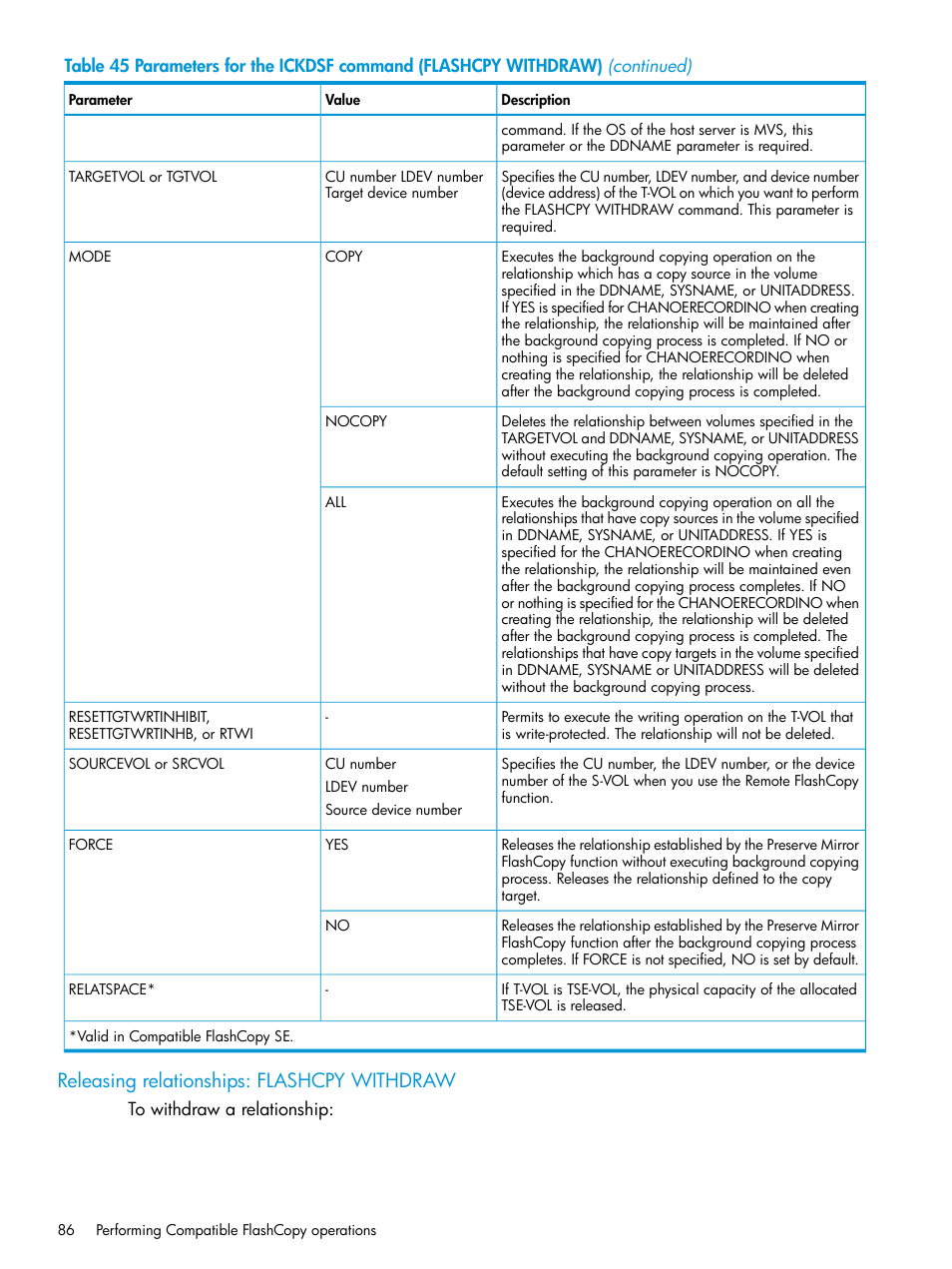 Releasing relationships: flashcpy withdraw | HP XP7 Storage User Manual | Page 86 / 123