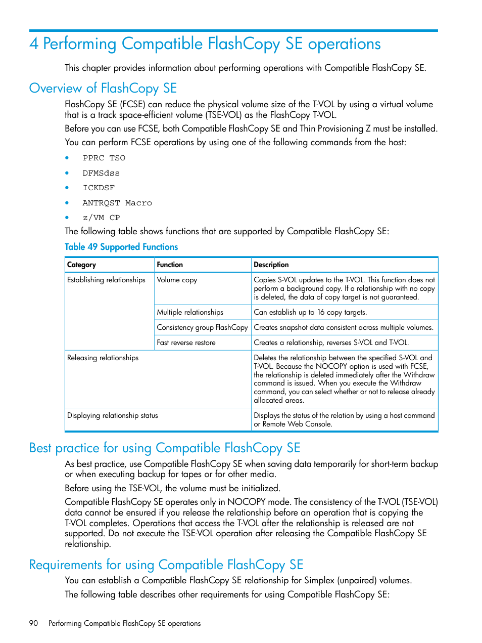 4 performing compatible flashcopy se operations, Overview of flashcopy se, Best practice for using compatible flashcopy se | Requirements for using compatible flashcopy se | HP XP7 Storage User Manual | Page 90 / 123