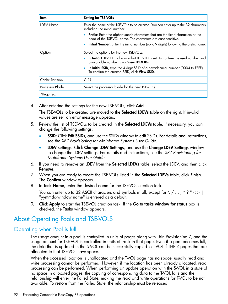 About operating pools and tse-vols, Operating when pool is full | HP XP7 Storage User Manual | Page 92 / 123