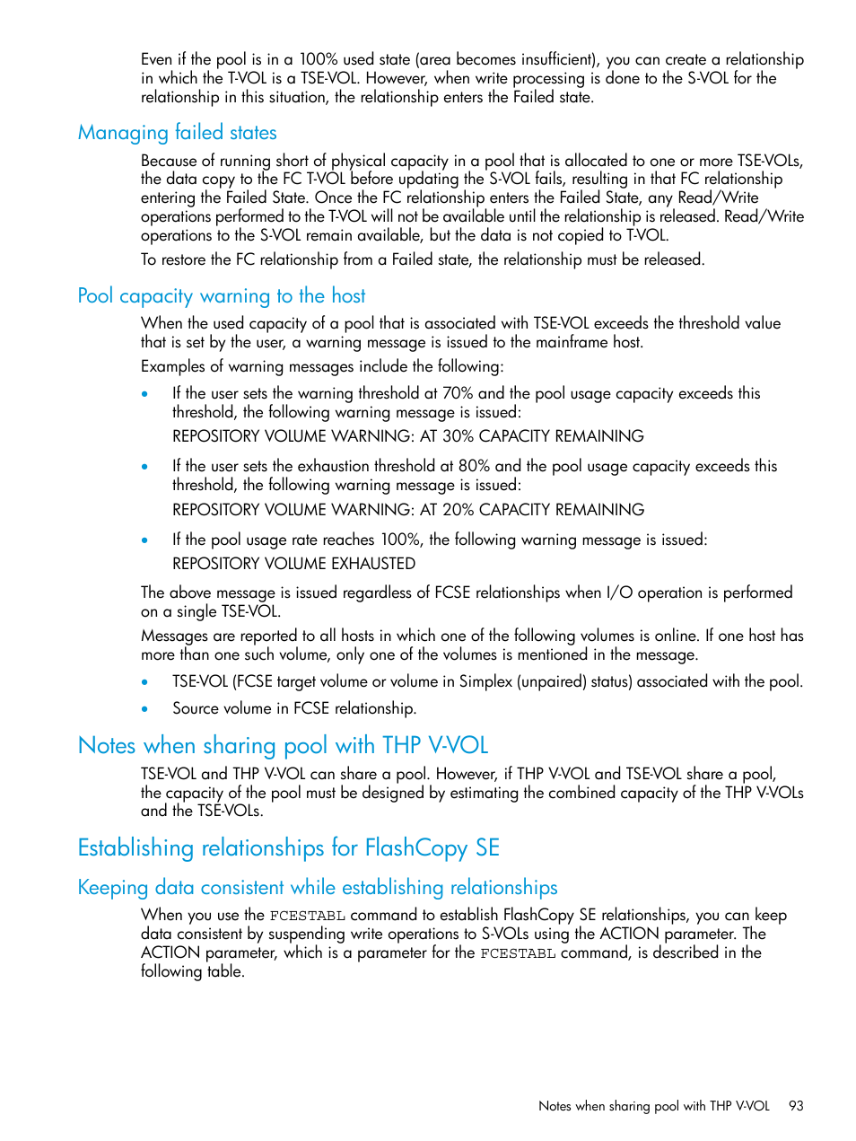 Managing failed states, Pool capacity warning to the host, Notes when sharing pool with thp v-vol | Establishing relationships for flashcopy se | HP XP7 Storage User Manual | Page 93 / 123