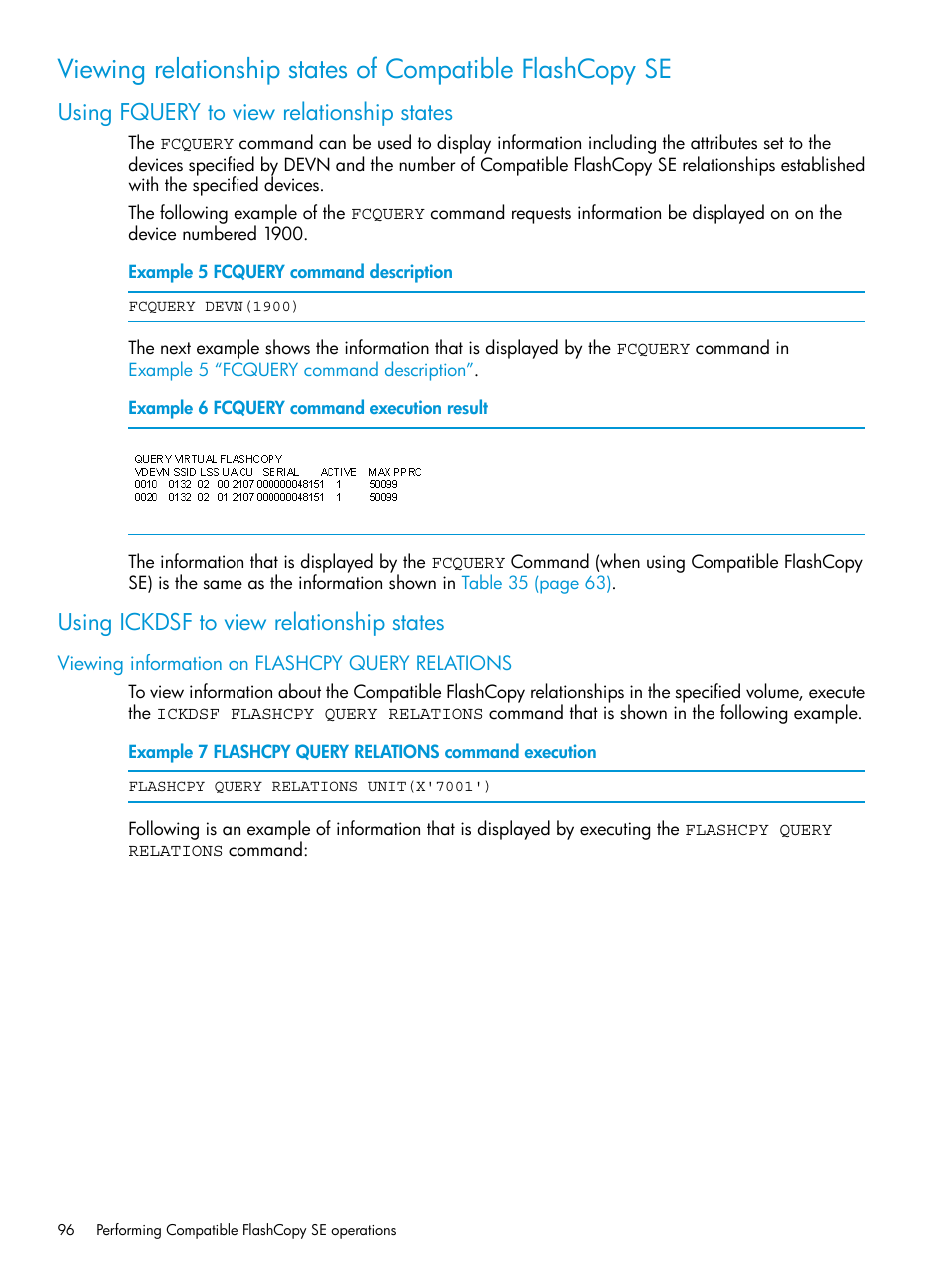 Using fquery to view relationship states, Using ickdsf to view relationship states, Viewing information on flashcpy query relations | HP XP7 Storage User Manual | Page 96 / 123