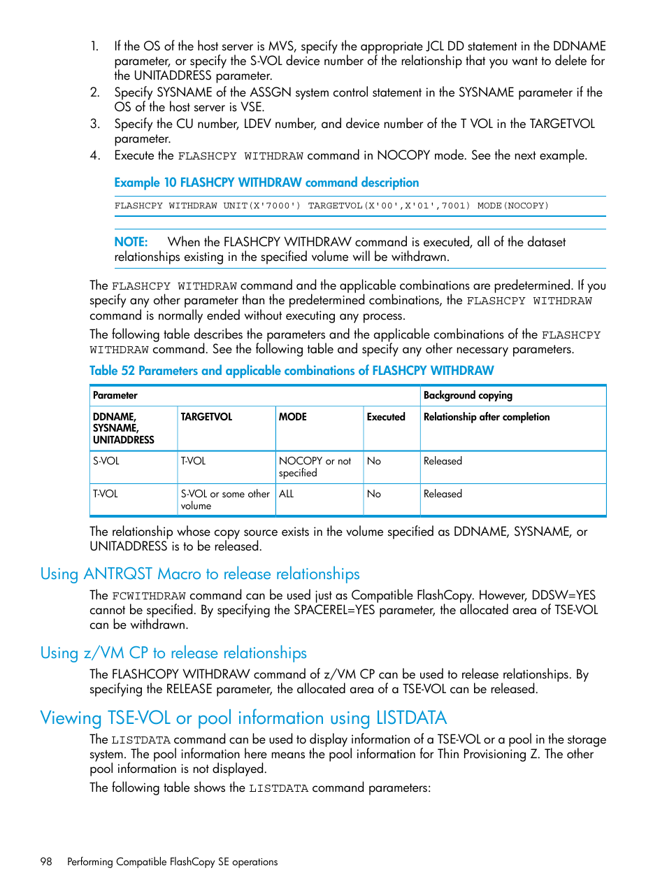 Using antrqst macro to release relationships, Using z/vm cp to release relationships, Viewing tse-vol or pool information using listdata | HP XP7 Storage User Manual | Page 98 / 123