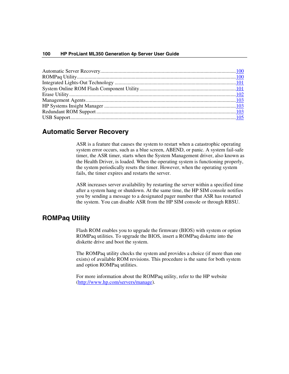 Automatic server recovery, Rompaq utility | HP ProLiant ML350 G4 Server User Manual | Page 100 / 156