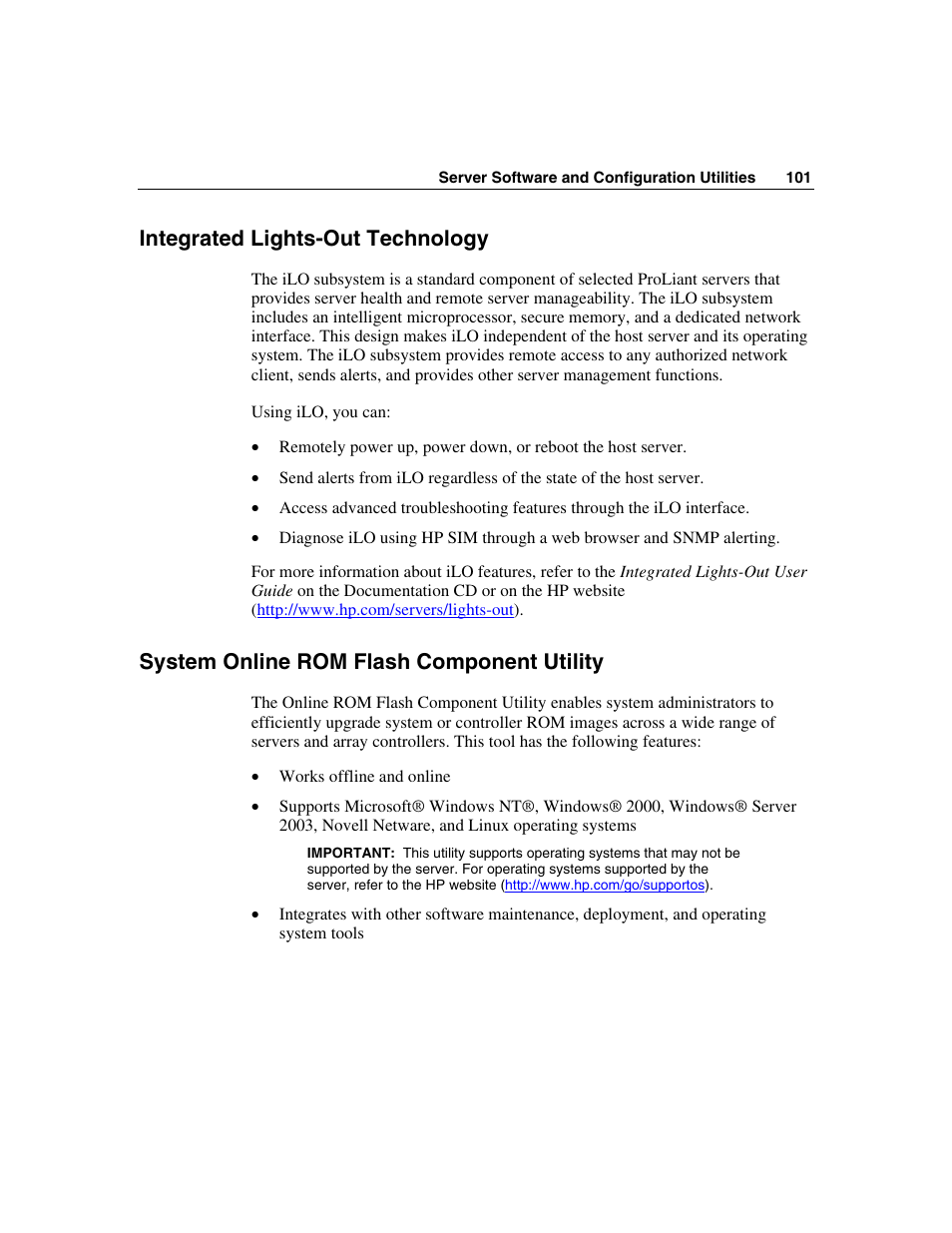 Integrated lights-out technology, System online rom flash component utility | HP ProLiant ML350 G4 Server User Manual | Page 101 / 156