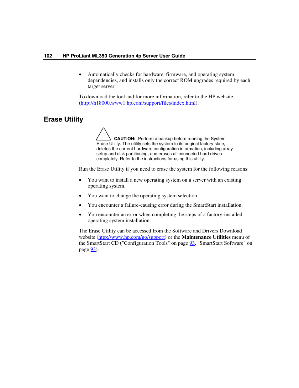 Erase utility | HP ProLiant ML350 G4 Server User Manual | Page 102 / 156