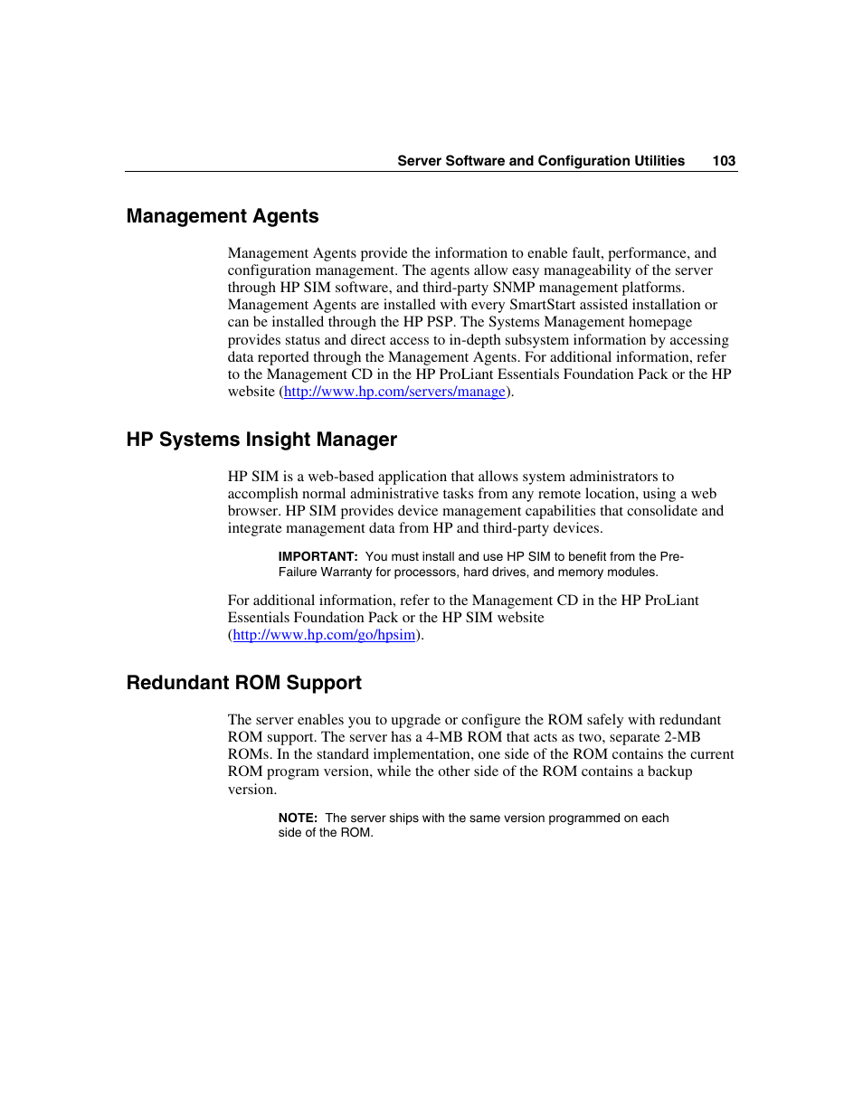 Management agents, Hp systems insight manager, Redundant rom support | HP ProLiant ML350 G4 Server User Manual | Page 103 / 156