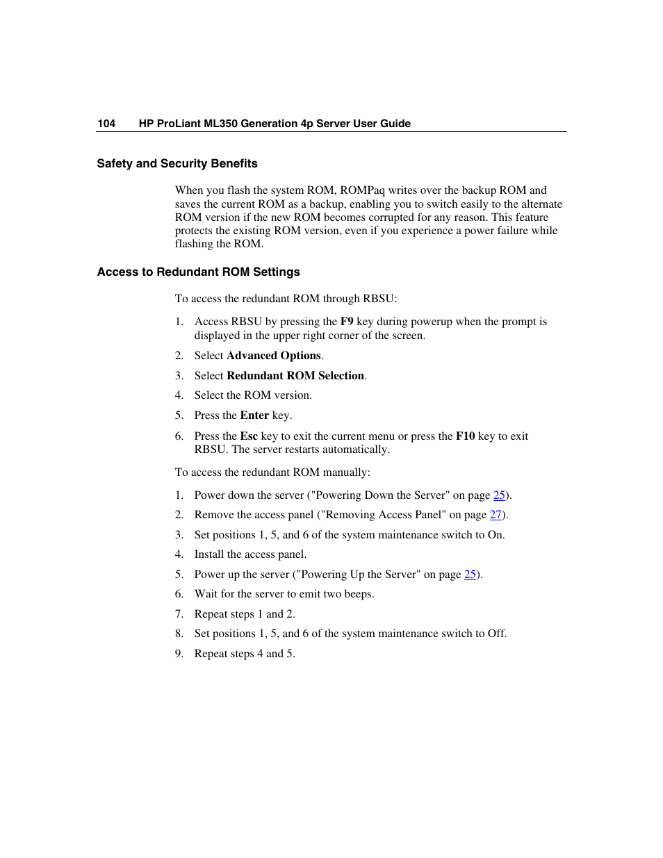 Safety and security benefits, Access to redundant rom settings | HP ProLiant ML350 G4 Server User Manual | Page 104 / 156