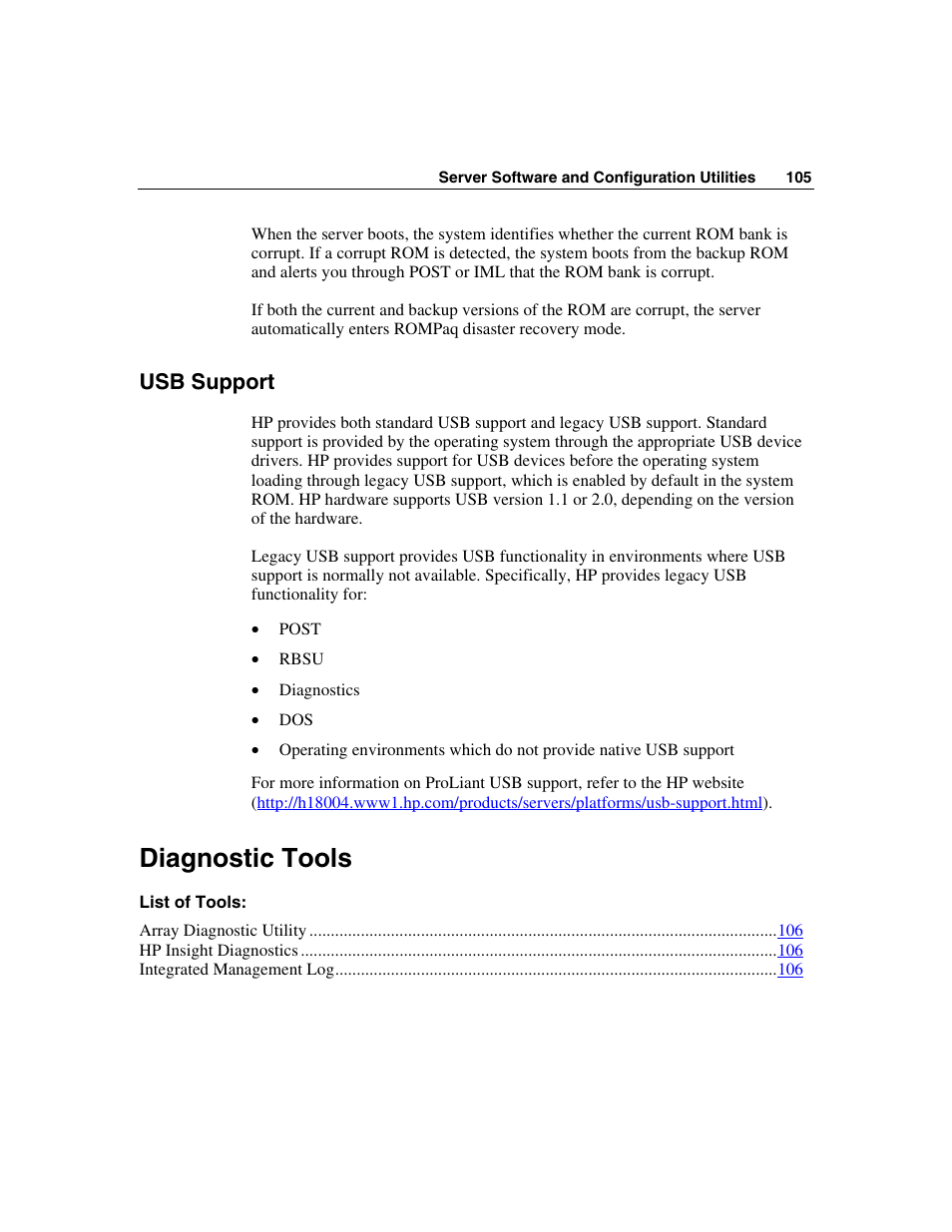 Usb support, Diagnostic tools | HP ProLiant ML350 G4 Server User Manual | Page 105 / 156