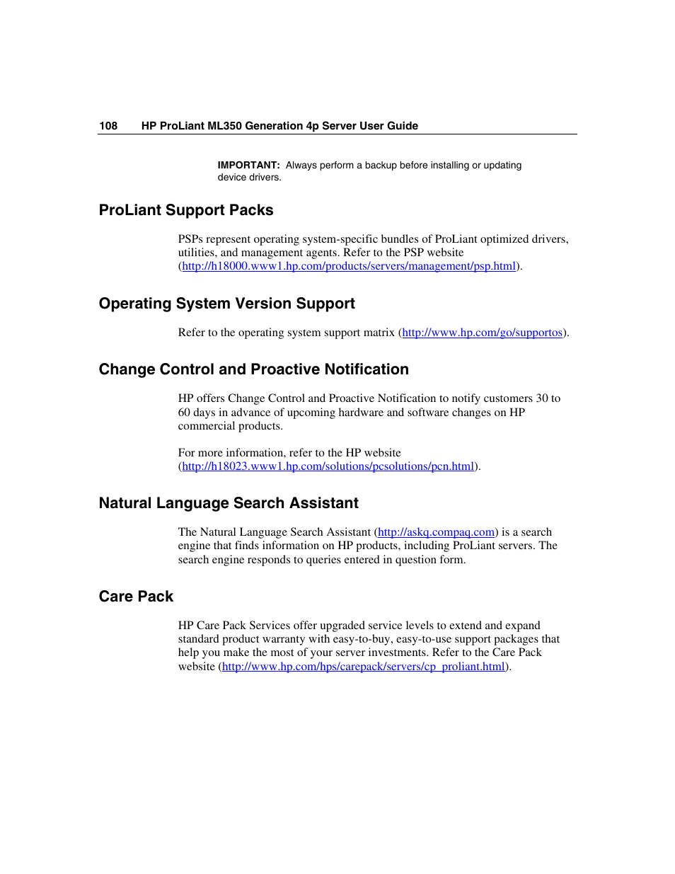 Proliant support packs, Operating system version support, Change control and proactive notification | Natural language search assistant, Care pack | HP ProLiant ML350 G4 Server User Manual | Page 108 / 156