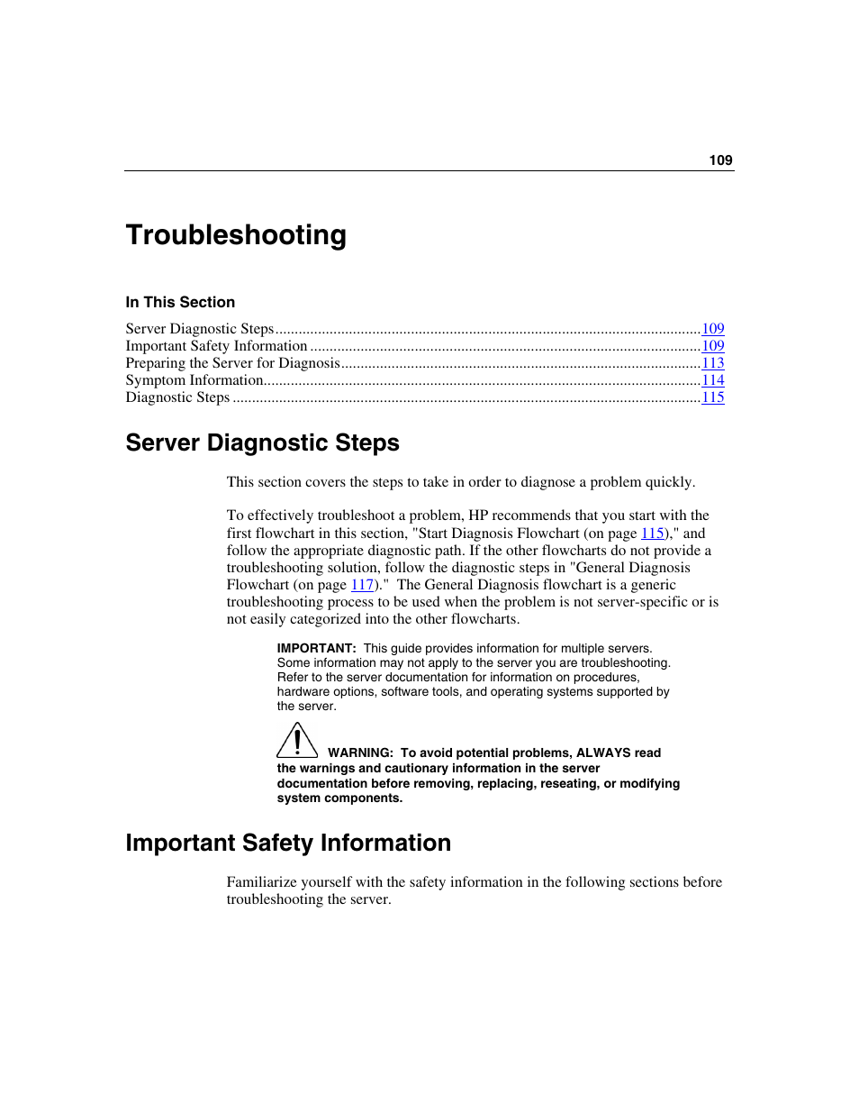 Troubleshooting, Server diagnostic steps, Important safety information | Troubleshooting 109 | HP ProLiant ML350 G4 Server User Manual | Page 109 / 156