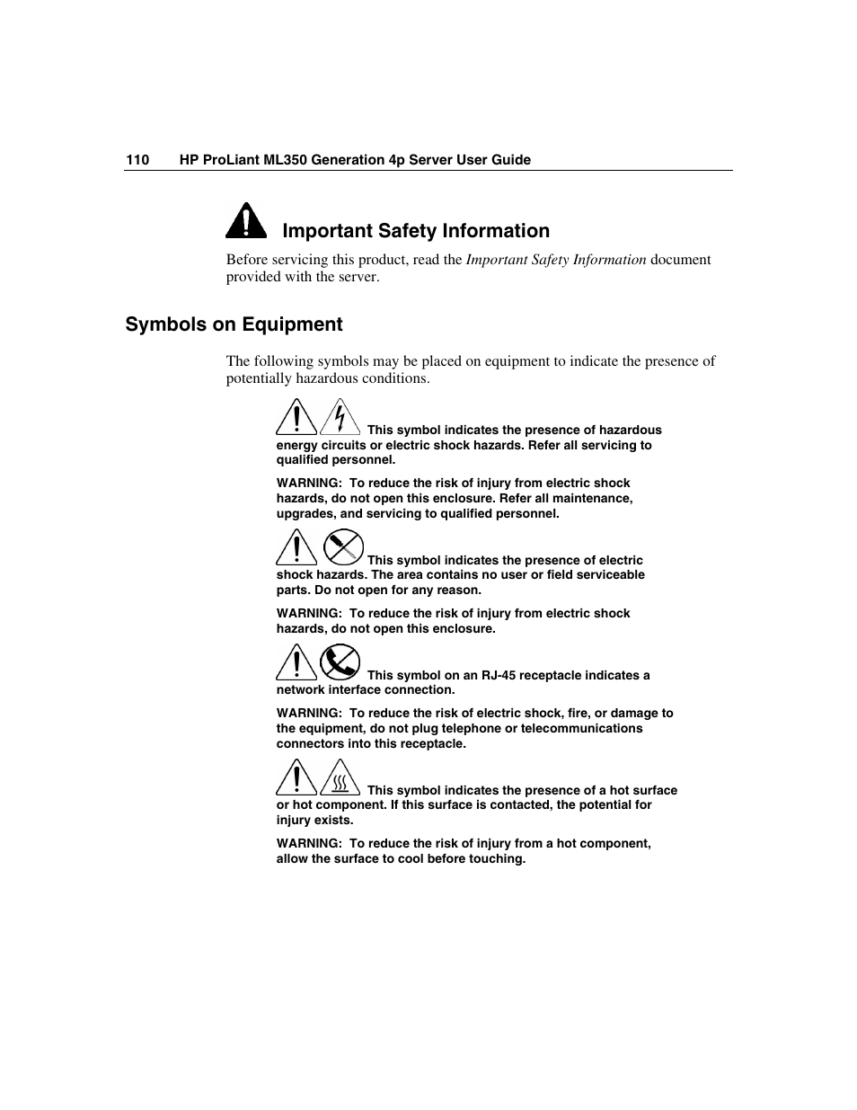 Symbols on equipment, Important safety information | HP ProLiant ML350 G4 Server User Manual | Page 110 / 156