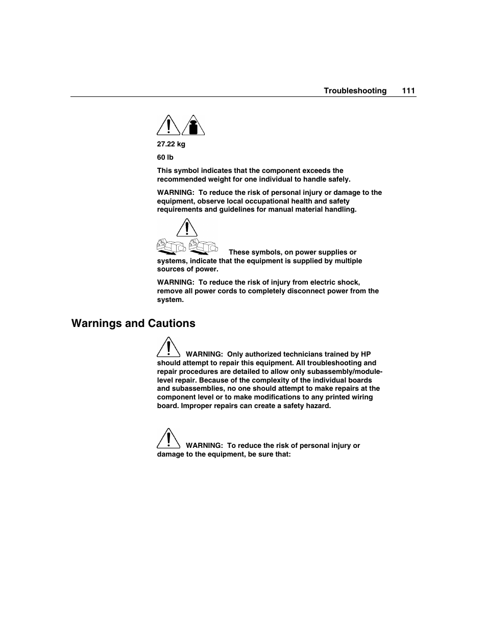 Warnings and cautions | HP ProLiant ML350 G4 Server User Manual | Page 111 / 156