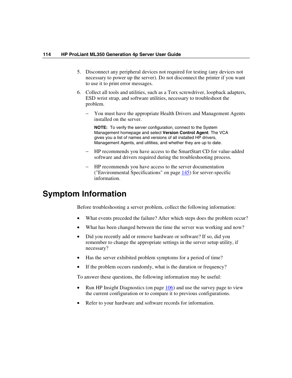 Symptom information | HP ProLiant ML350 G4 Server User Manual | Page 114 / 156