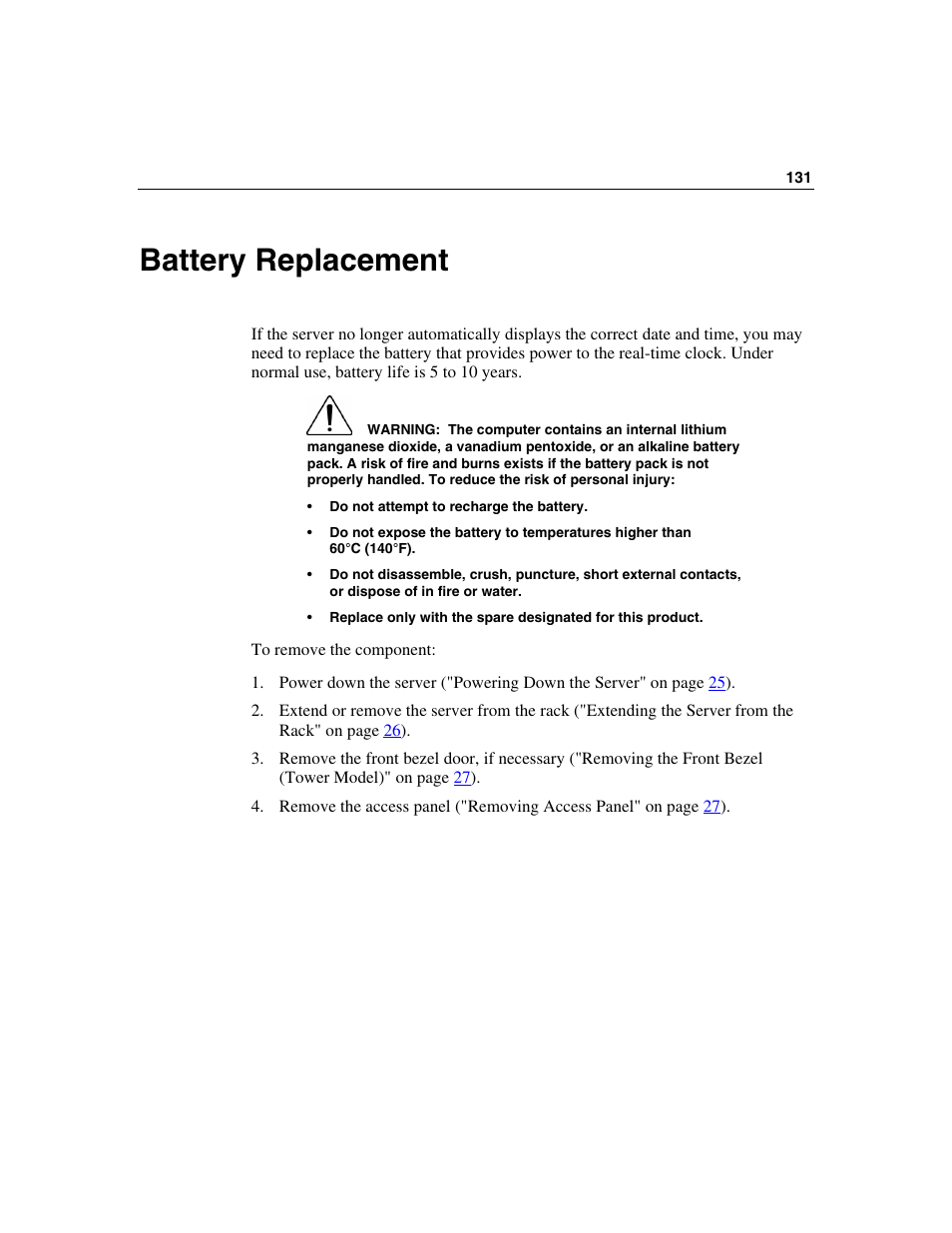 Battery replacement | HP ProLiant ML350 G4 Server User Manual | Page 131 / 156