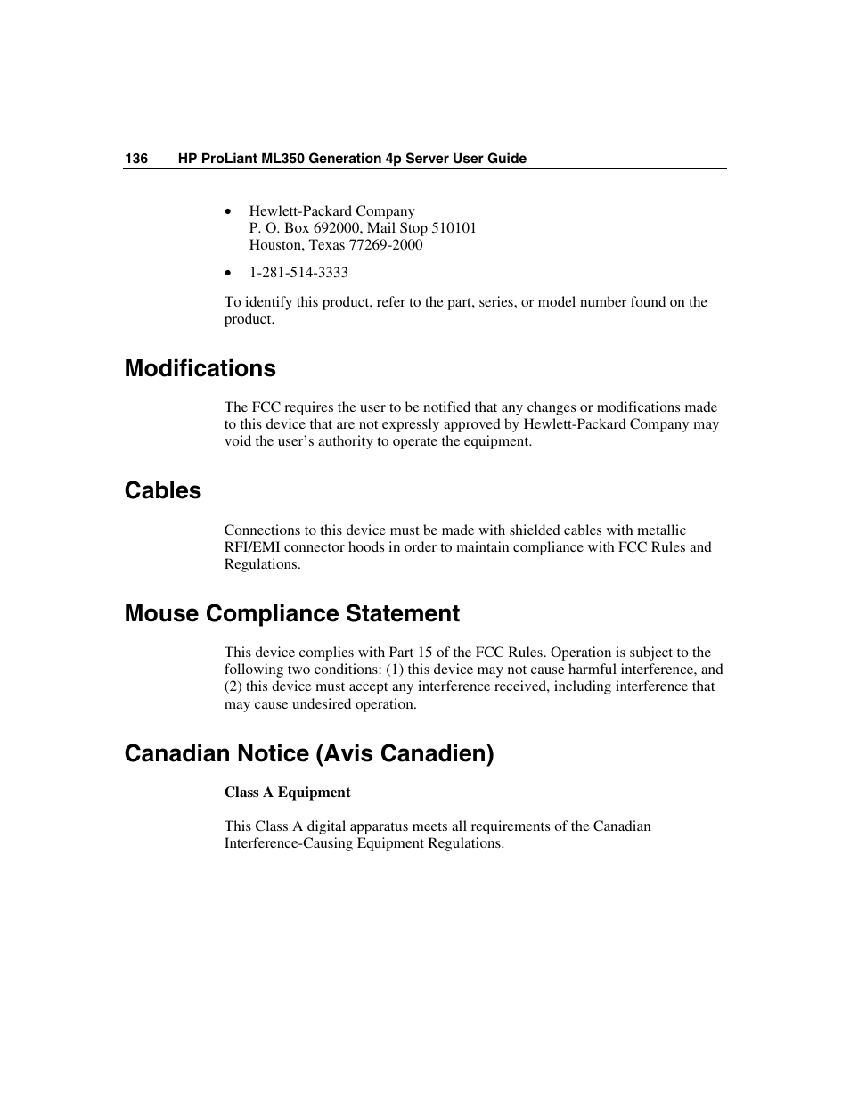 Modifications, Cables, Mouse compliance statement | Canadian notice (avis canadien) | HP ProLiant ML350 G4 Server User Manual | Page 136 / 156